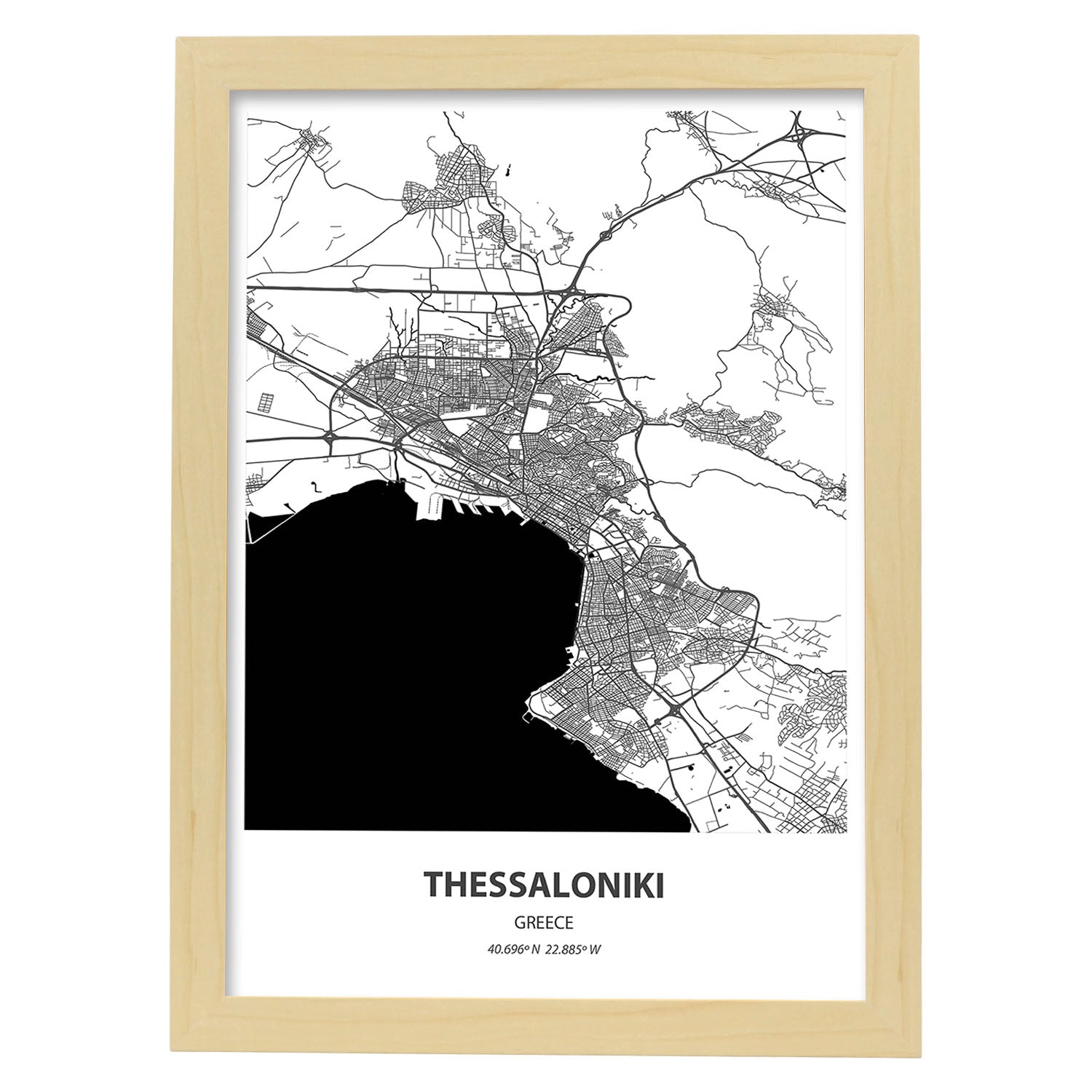 Poster con mapa de Thessaloniki - Grecia. Láminas de ciudades de Europa con mares y ríos en color negro.-Artwork-Nacnic-A4-Marco Madera clara-Nacnic Estudio SL