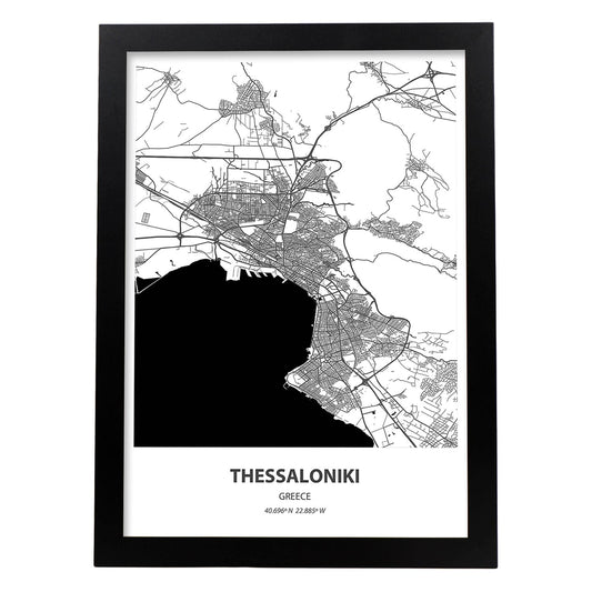 Poster con mapa de Thessaloniki - Grecia. Láminas de ciudades de Europa con mares y ríos en color negro.-Artwork-Nacnic-A4-Marco Negro-Nacnic Estudio SL