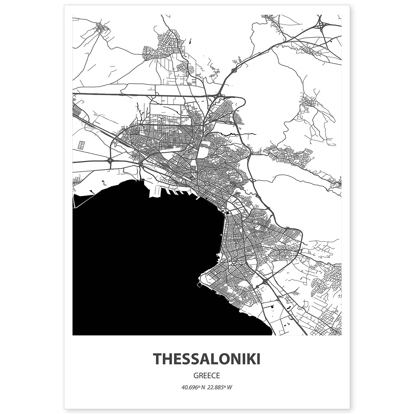 Poster con mapa de Thessaloniki - Grecia. Láminas de ciudades de Europa con mares y ríos en color negro.-Artwork-Nacnic-A4-Sin marco-Nacnic Estudio SL