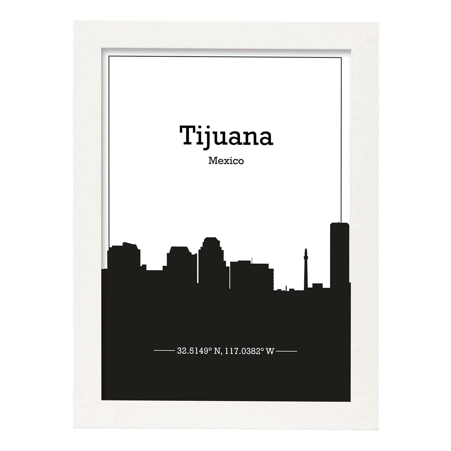 Poster con mapa de Tijuana - Mexico. Láminas con Skyline de ciudades de Estados Unidos, Canada, Mexico con sombra negra.-Artwork-Nacnic-A3-Marco Blanco-Nacnic Estudio SL