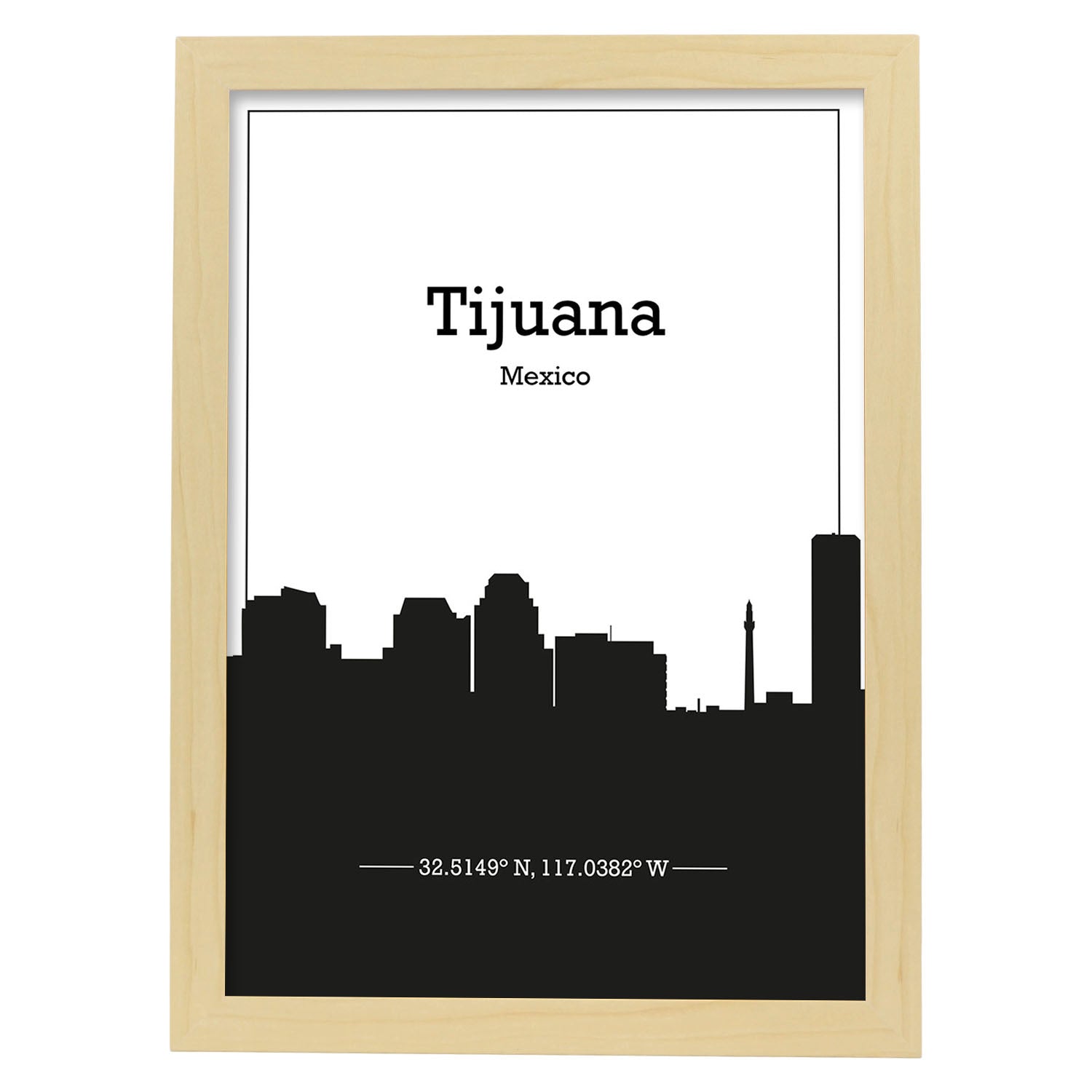 Poster con mapa de Tijuana - Mexico. Láminas con Skyline de ciudades de Estados Unidos, Canada, Mexico con sombra negra.-Artwork-Nacnic-A3-Marco Madera clara-Nacnic Estudio SL