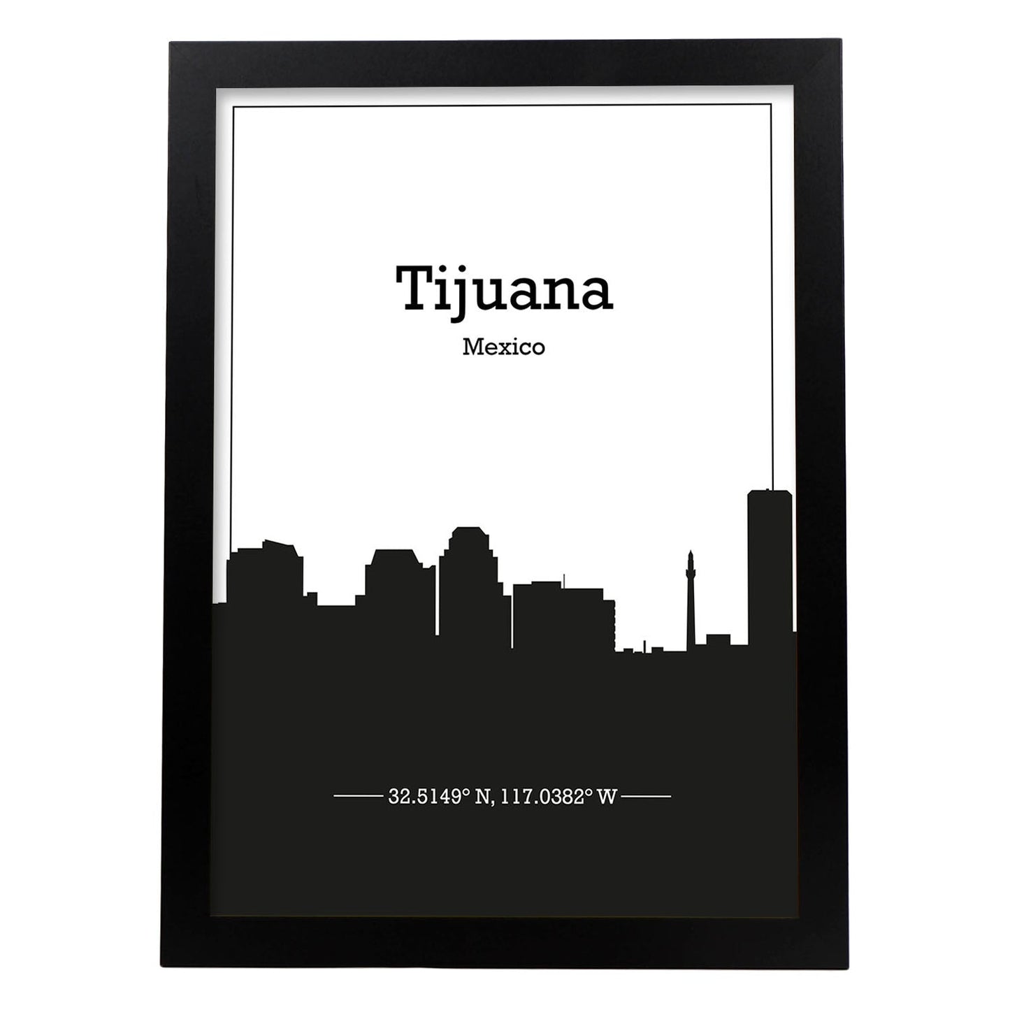 Poster con mapa de Tijuana - Mexico. Láminas con Skyline de ciudades de Estados Unidos, Canada, Mexico con sombra negra.-Artwork-Nacnic-A3-Marco Negro-Nacnic Estudio SL