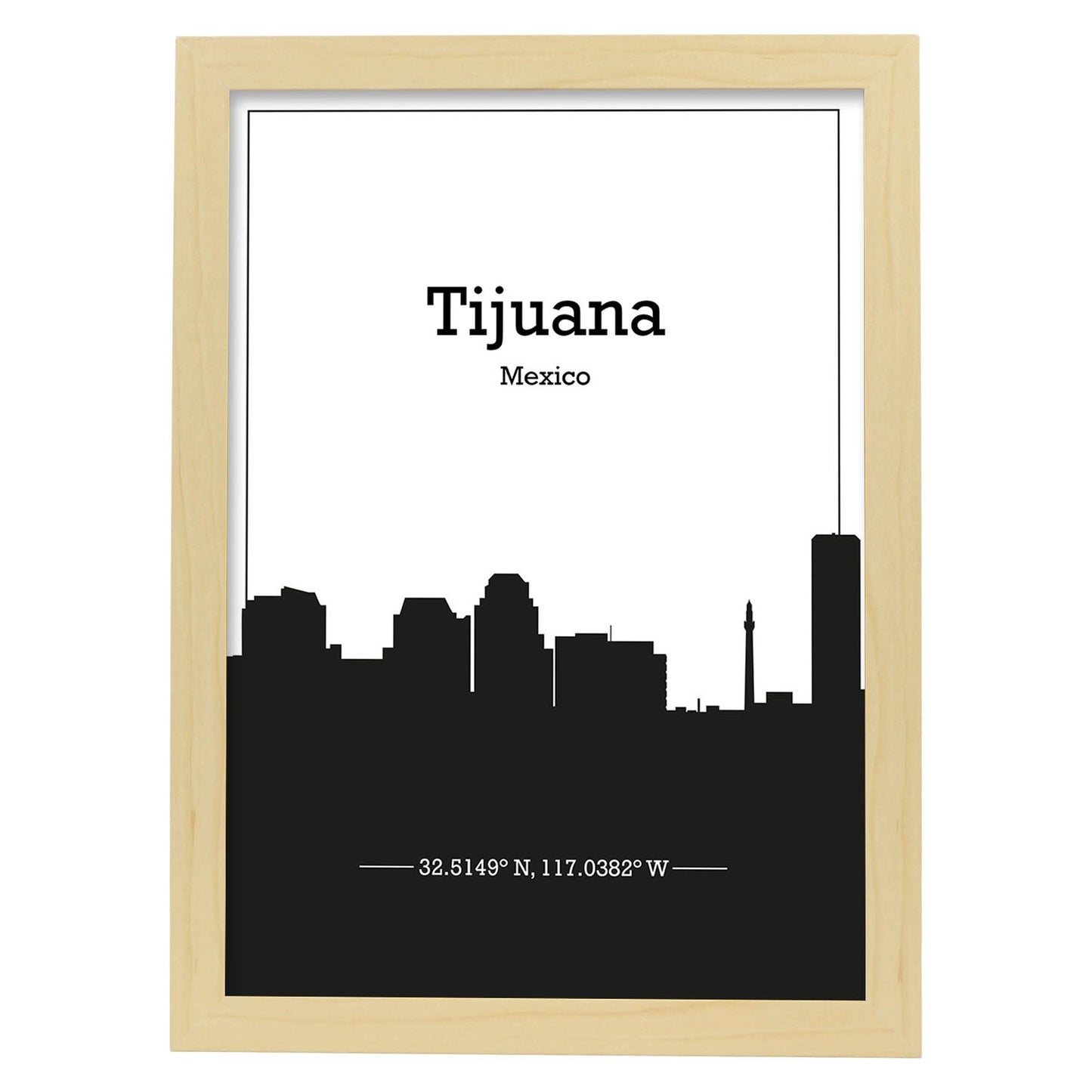 Poster con mapa de Tijuana - Mexico. Láminas con Skyline de ciudades de Estados Unidos, Canada, Mexico con sombra negra.-Artwork-Nacnic-A4-Marco Madera clara-Nacnic Estudio SL