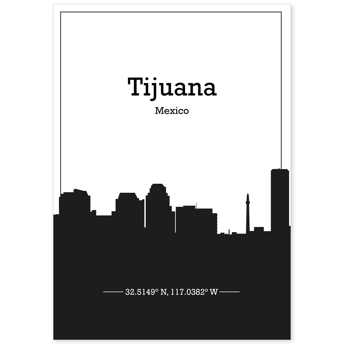 Poster con mapa de Tijuana - Mexico. Láminas con Skyline de ciudades de Estados Unidos, Canada, Mexico con sombra negra.-Artwork-Nacnic-A4-Sin marco-Nacnic Estudio SL