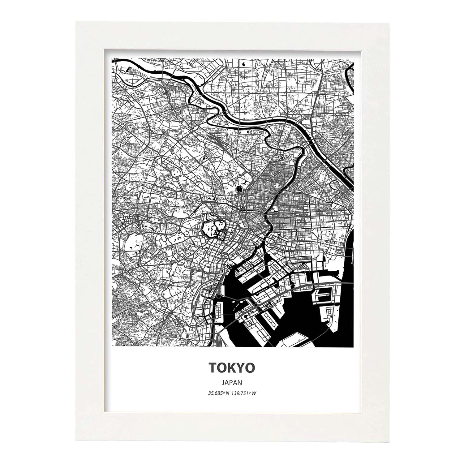 Poster con mapa de Tokio - Japon. Láminas de ciudades de Asia con mares y ríos en color negro.-Artwork-Nacnic-A3-Marco Blanco-Nacnic Estudio SL