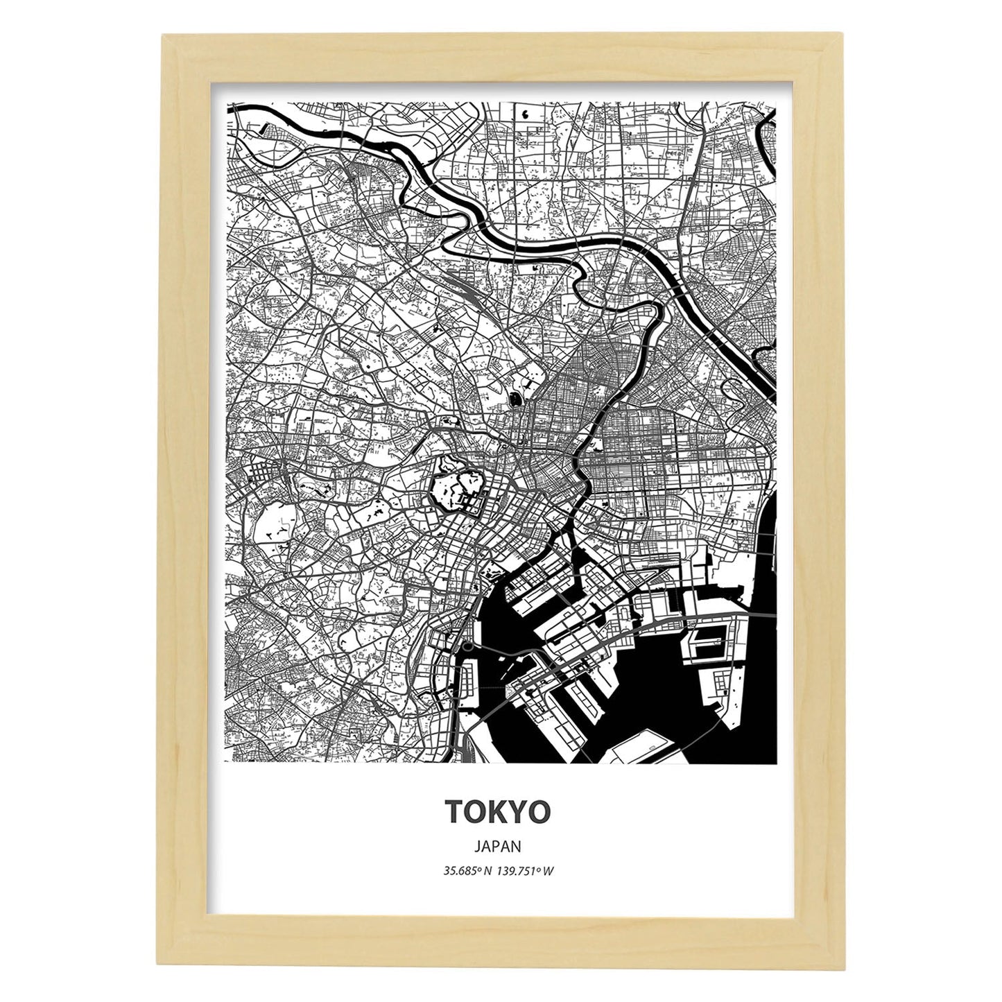 Poster con mapa de Tokio - Japon. Láminas de ciudades de Asia con mares y ríos en color negro.-Artwork-Nacnic-A3-Marco Madera clara-Nacnic Estudio SL