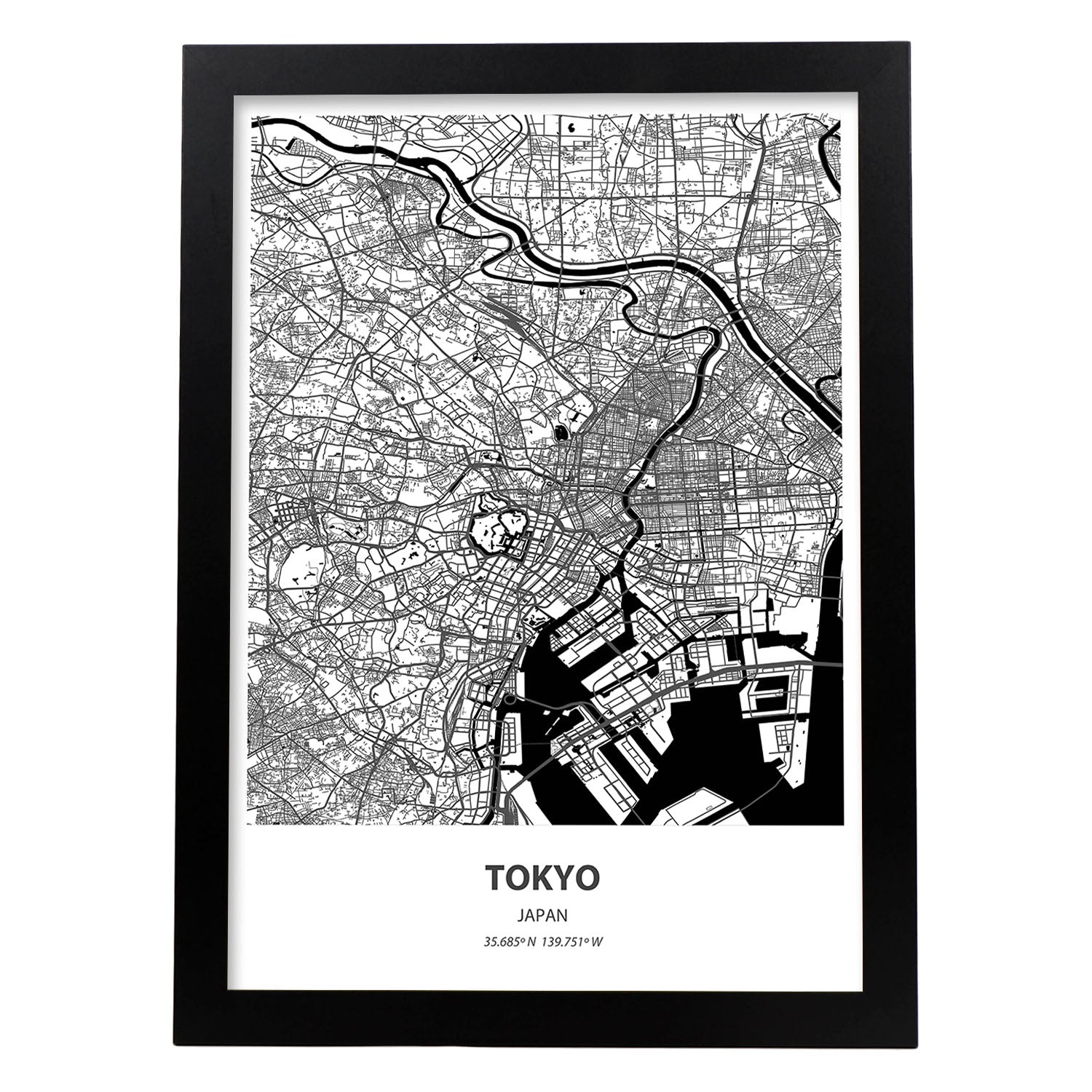 Poster con mapa de Tokio - Japon. Láminas de ciudades de Asia con mares y ríos en color negro.-Artwork-Nacnic-A3-Marco Negro-Nacnic Estudio SL
