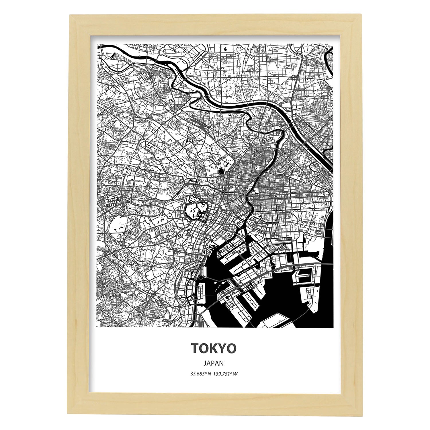 Poster con mapa de Tokio - Japon. Láminas de ciudades de Asia con mares y ríos en color negro.-Artwork-Nacnic-A4-Marco Madera clara-Nacnic Estudio SL