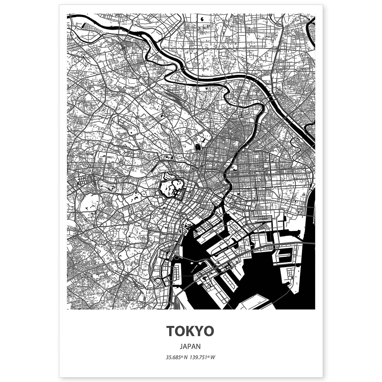 Poster con mapa de Tokio - Japon. Láminas de ciudades de Asia con mares y ríos en color negro.-Artwork-Nacnic-A4-Sin marco-Nacnic Estudio SL