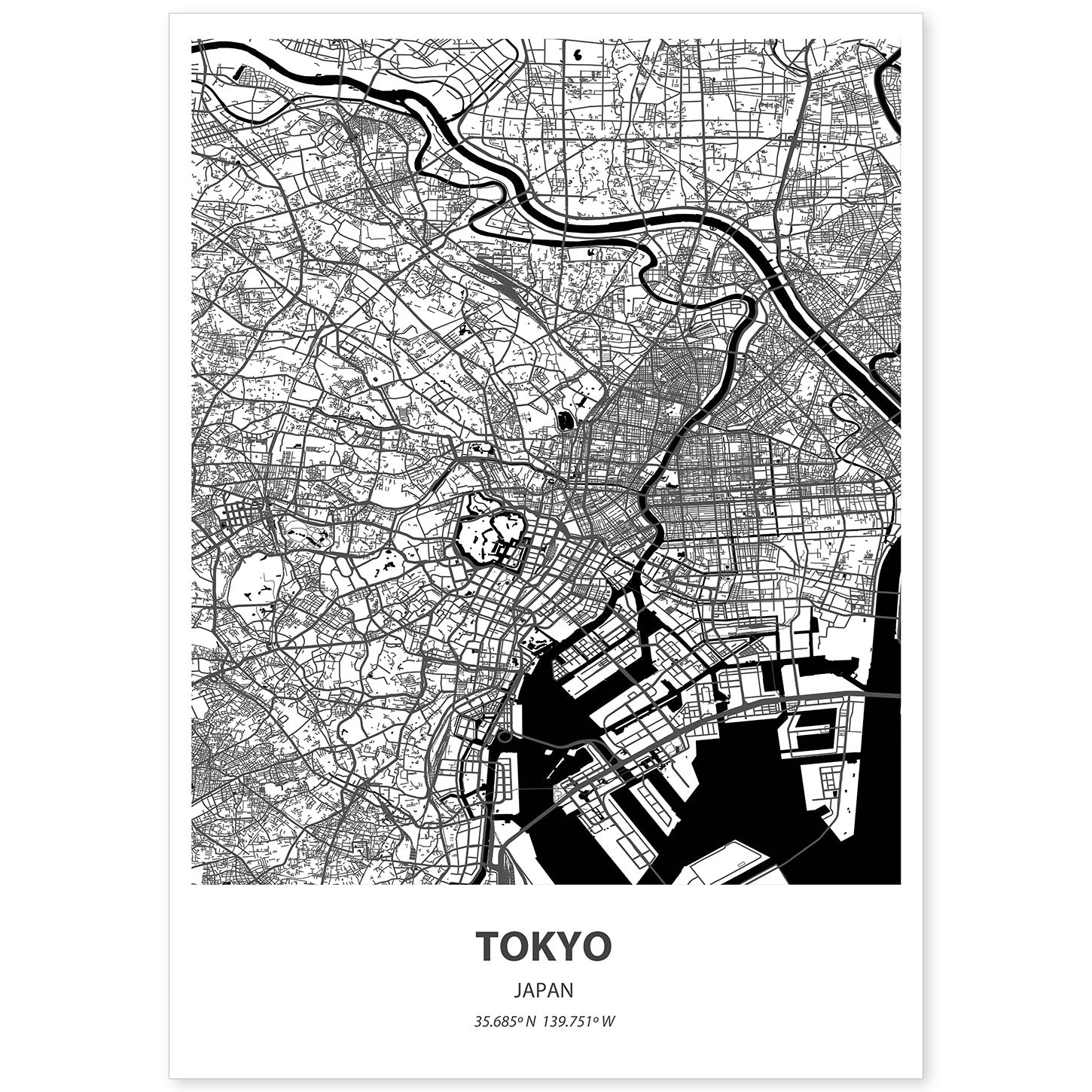 Poster con mapa de Tokio - Japon. Láminas de ciudades de Asia con mares y ríos en color negro.-Artwork-Nacnic-A4-Sin marco-Nacnic Estudio SL