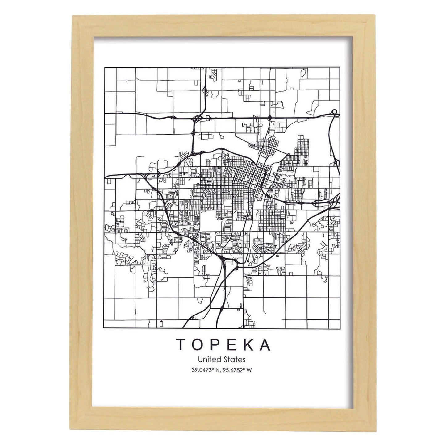 Poster con mapa de Topeka. Lámina de Estados Unidos, con imágenes de mapas y carreteras-Artwork-Nacnic-A3-Marco Madera clara-Nacnic Estudio SL