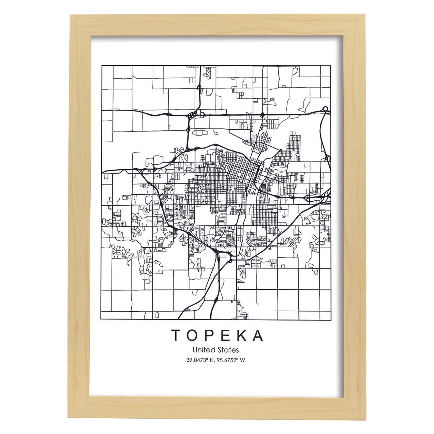 Poster con mapa de Topeka. Lámina de Estados Unidos, con imágenes de mapas y carreteras-Artwork-Nacnic-A4-Marco Madera clara-Nacnic Estudio SL