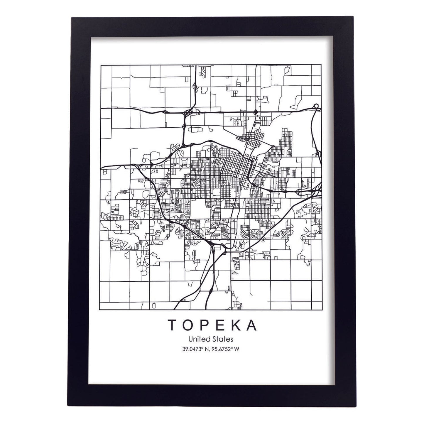 Poster con mapa de Topeka. Lámina de Estados Unidos, con imágenes de mapas y carreteras-Artwork-Nacnic-A4-Marco Negro-Nacnic Estudio SL
