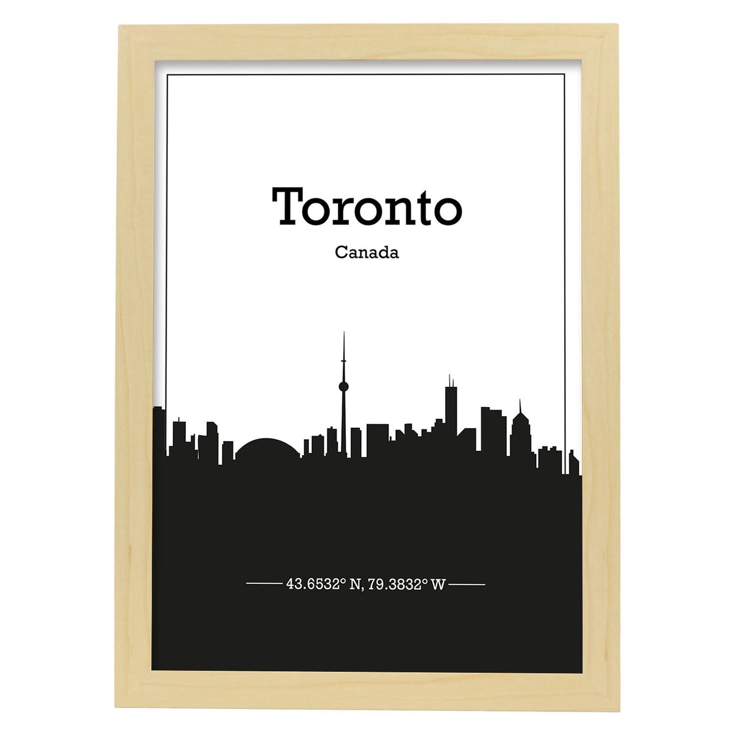 Poster con mapa de Toronto - Canada. Láminas con Skyline de ciudades de Estados Unidos, Canada, Mexico con sombra negra.-Artwork-Nacnic-A4-Marco Madera clara-Nacnic Estudio SL