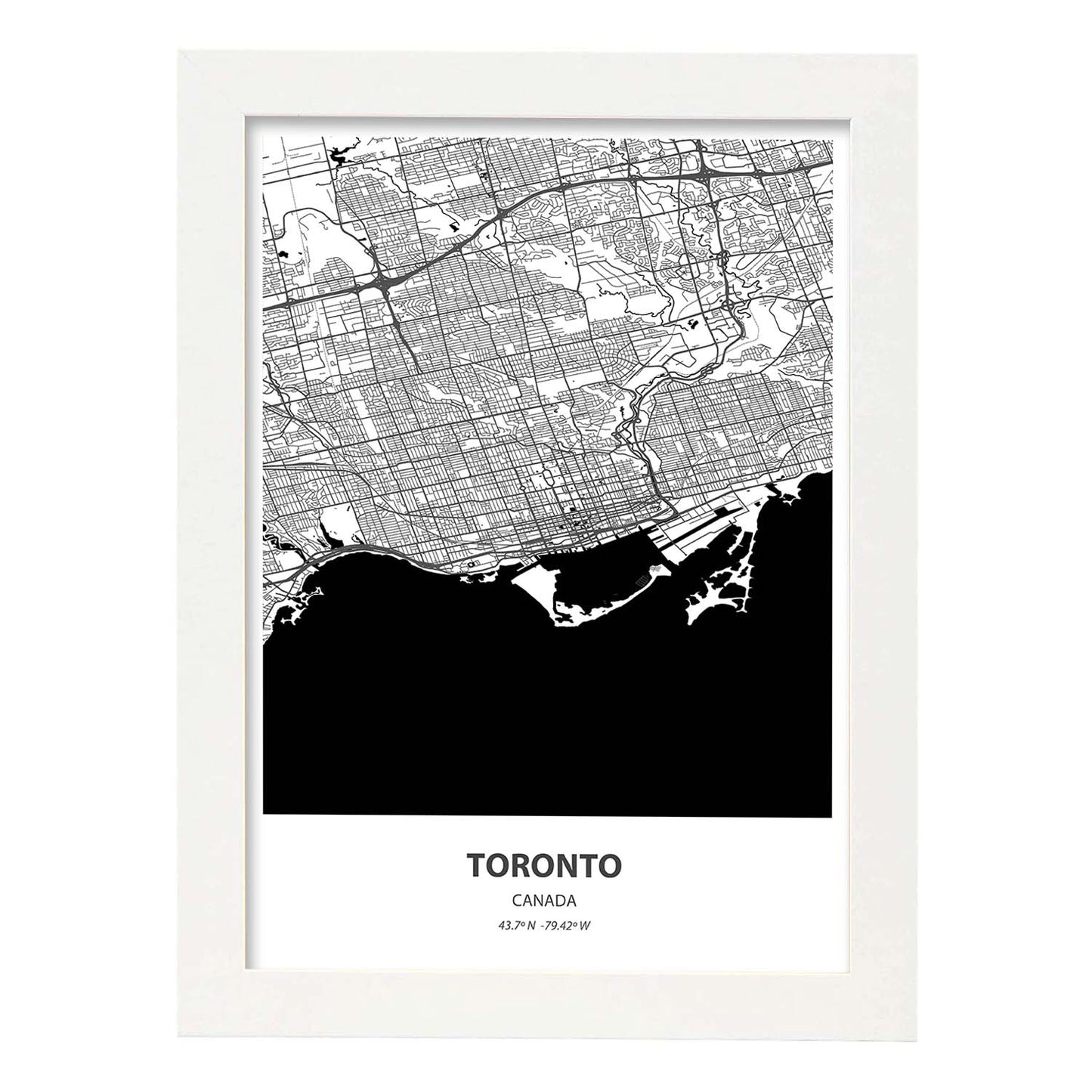 Poster con mapa de Toronto - Canada. Láminas de ciudades de Canada con mares y ríos en color negro.-Artwork-Nacnic-A3-Marco Blanco-Nacnic Estudio SL