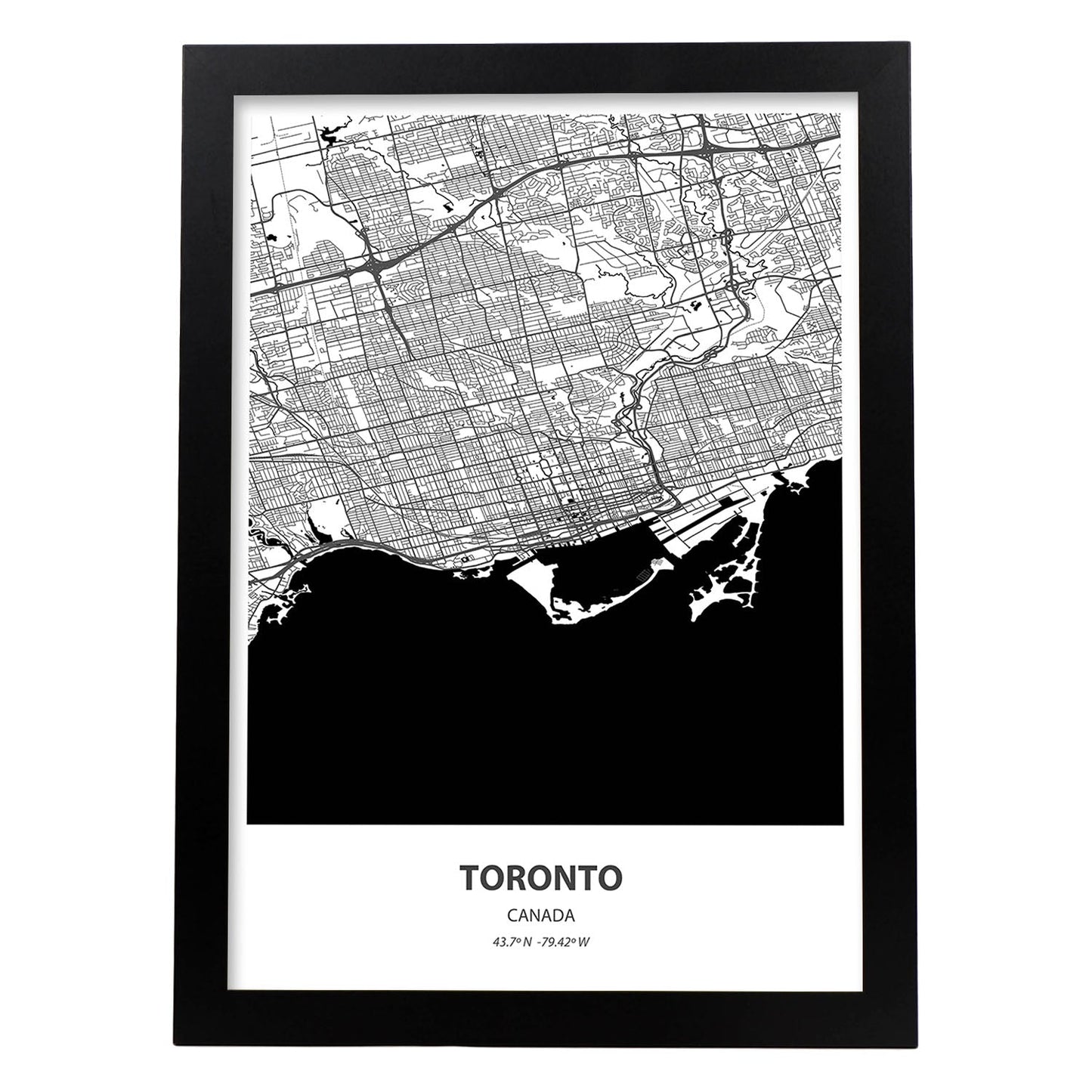 Poster con mapa de Toronto - Canada. Láminas de ciudades de Canada con mares y ríos en color negro.-Artwork-Nacnic-A3-Marco Negro-Nacnic Estudio SL
