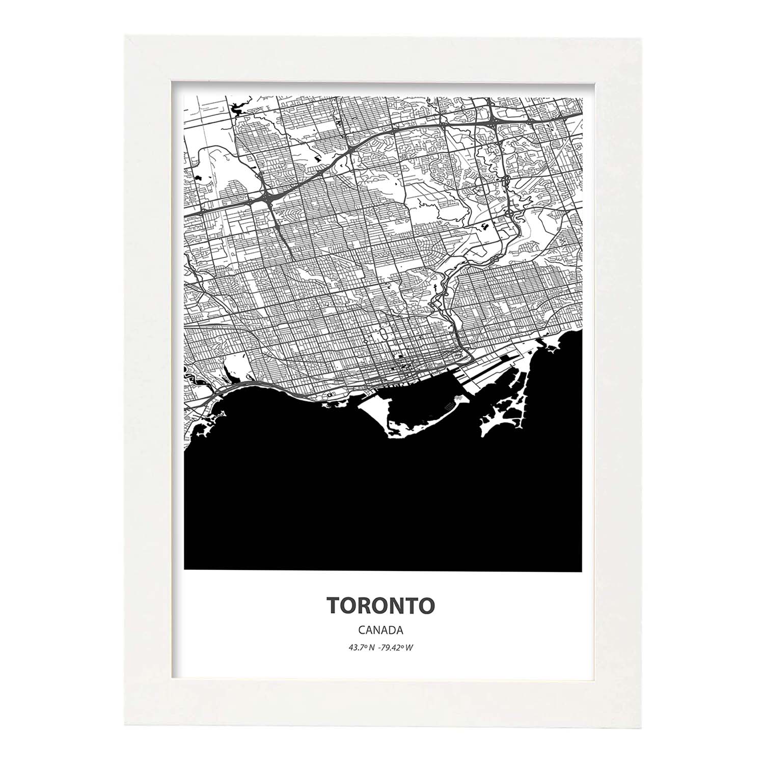 Poster con mapa de Toronto - Canada. Láminas de ciudades de Canada con mares y ríos en color negro.-Artwork-Nacnic-A4-Marco Blanco-Nacnic Estudio SL