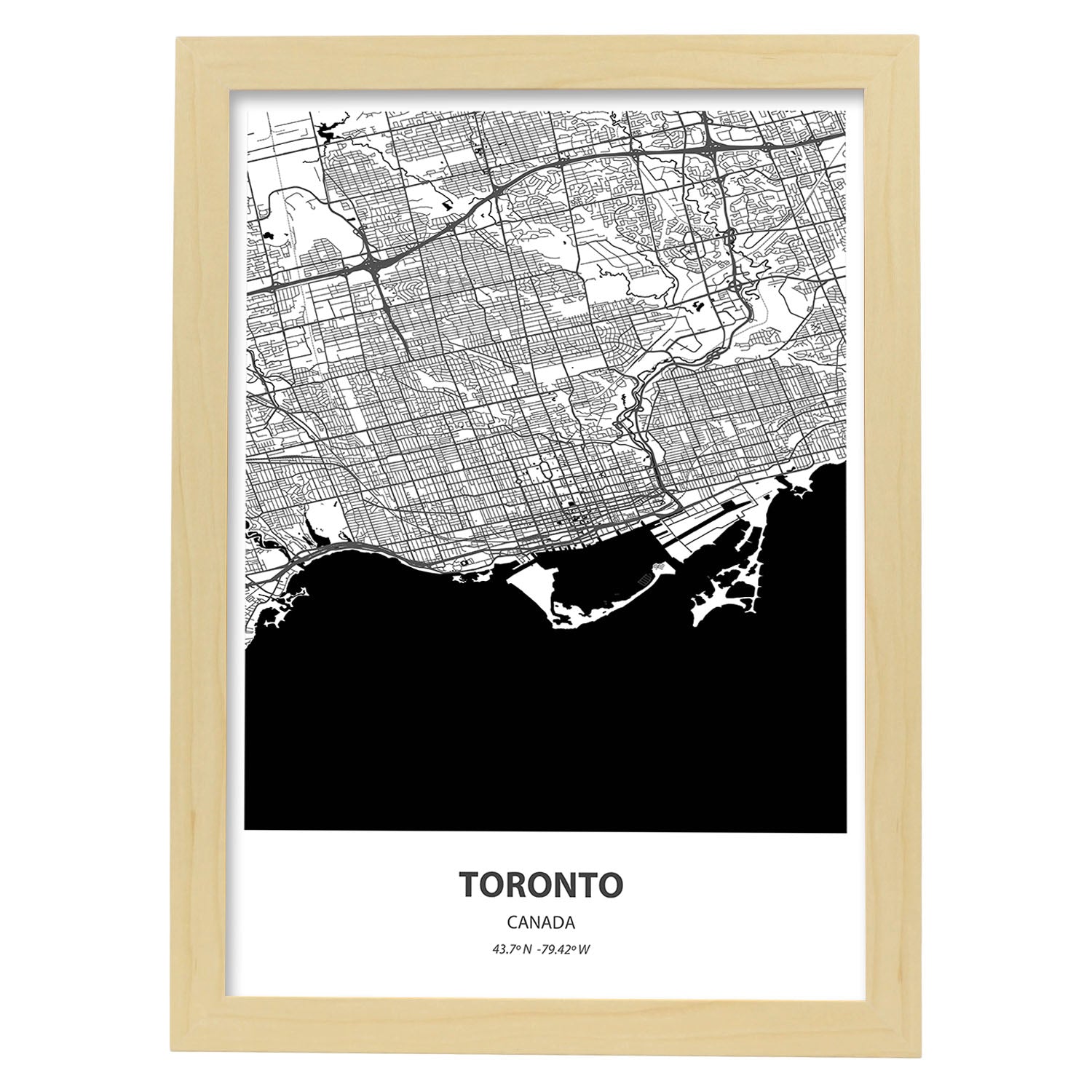 Poster con mapa de Toronto - Canada. Láminas de ciudades de Canada con mares y ríos en color negro.-Artwork-Nacnic-A4-Marco Madera clara-Nacnic Estudio SL