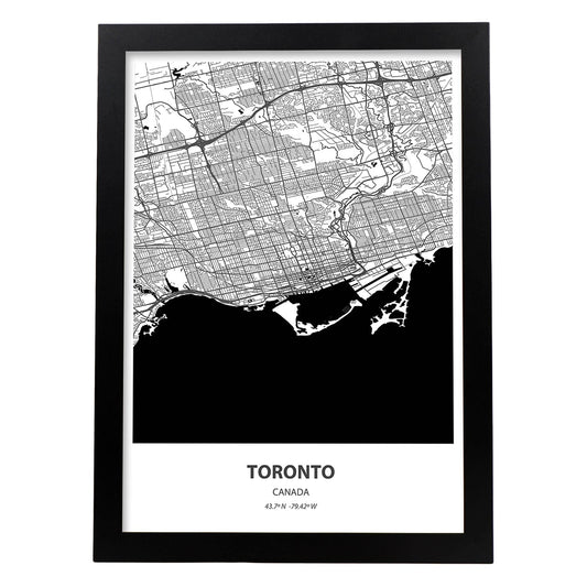 Poster con mapa de Toronto - Canada. Láminas de ciudades de Canada con mares y ríos en color negro.-Artwork-Nacnic-A4-Marco Negro-Nacnic Estudio SL