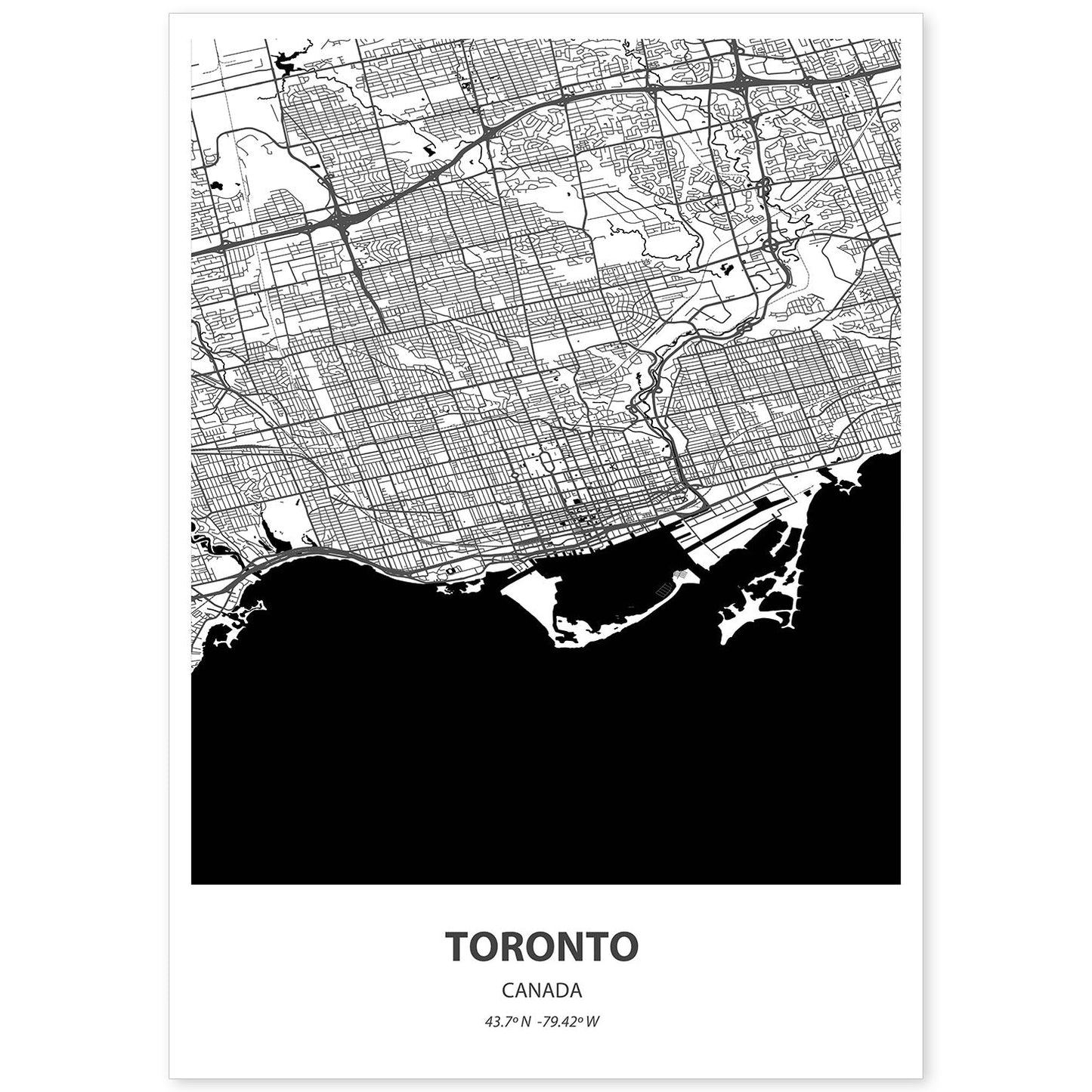 Poster con mapa de Toronto - Canada. Láminas de ciudades de Canada con mares y ríos en color negro.-Artwork-Nacnic-A4-Sin marco-Nacnic Estudio SL