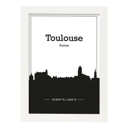 Poster con mapa de Toulouse - Francia. Láminas con Skyline de ciudades de Francia con sombra negra.-Artwork-Nacnic-A4-Marco Blanco-Nacnic Estudio SL