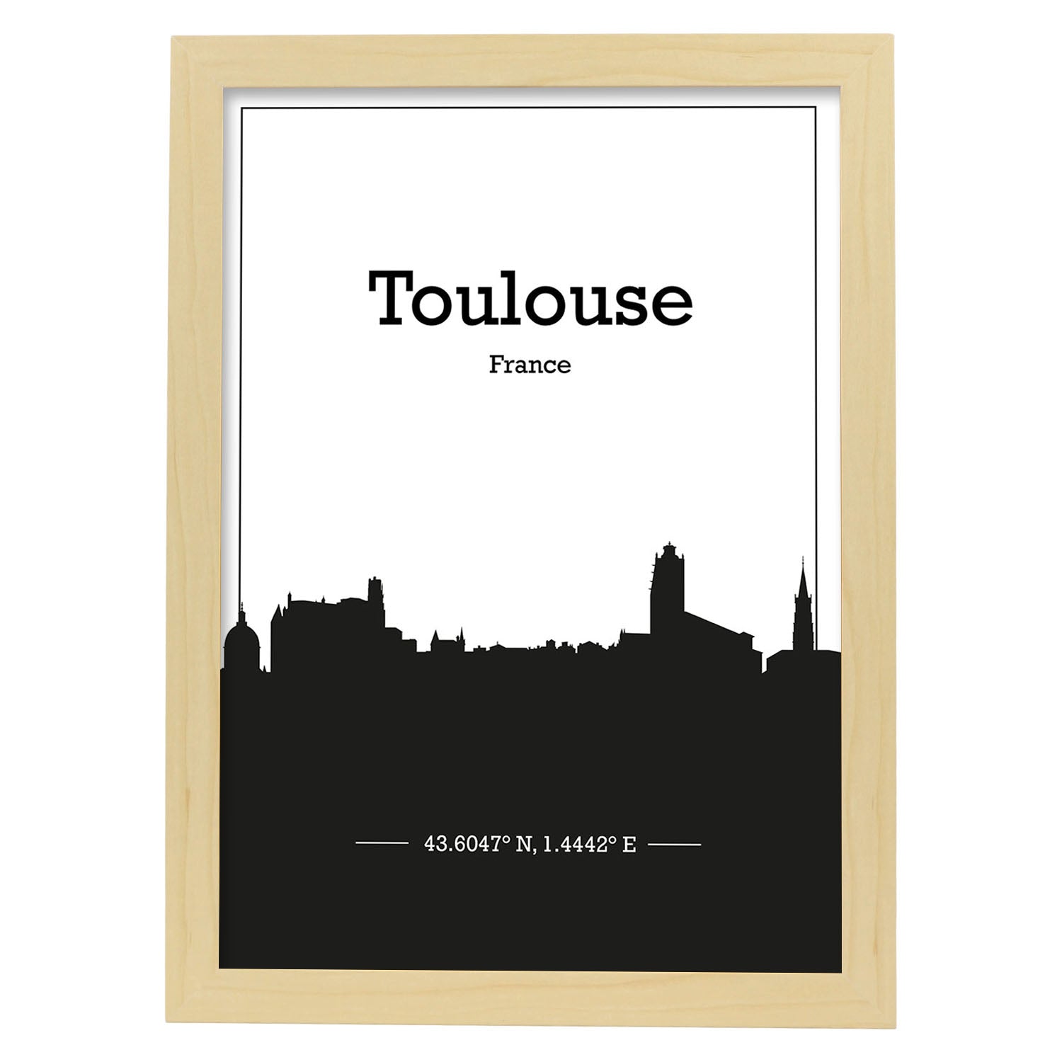 Poster con mapa de Toulouse - Francia. Láminas con Skyline de ciudades de Francia con sombra negra.-Artwork-Nacnic-A4-Marco Madera clara-Nacnic Estudio SL