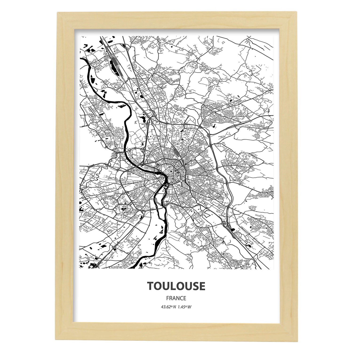 Poster con mapa de Toulouse - Francia. Láminas de ciudades de Francia con mares y ríos en color negro.-Artwork-Nacnic-A4-Marco Madera clara-Nacnic Estudio SL