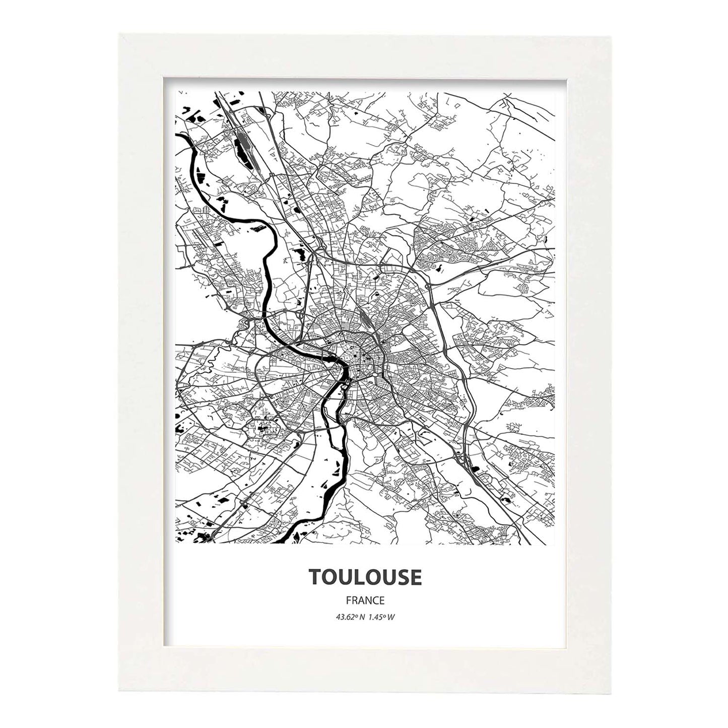Poster con mapa de Toulouse - Francia. Láminas de ciudades de Francia con mares y ríos en color negro.-Artwork-Nacnic-A3-Marco Blanco-Nacnic Estudio SL