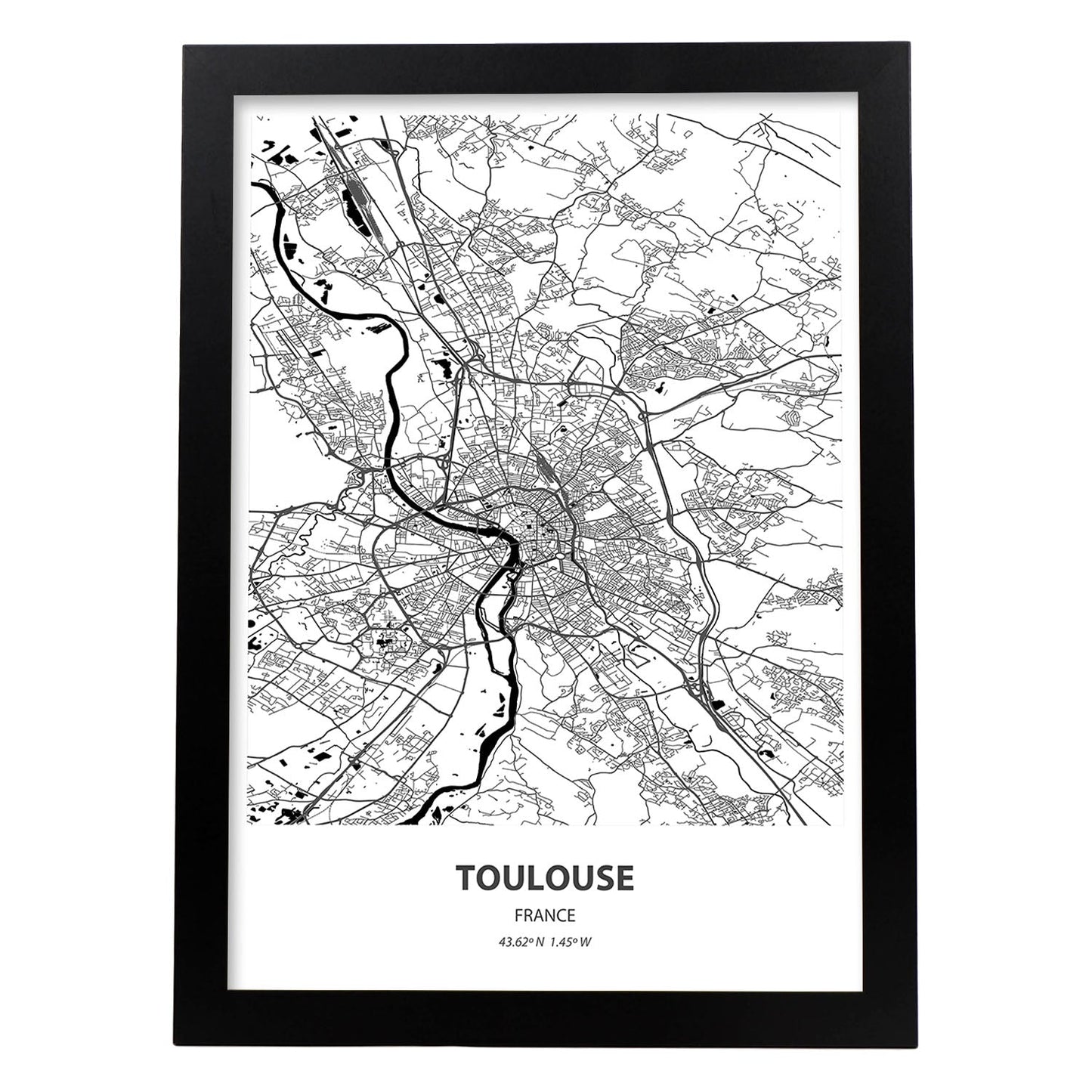 Poster con mapa de Toulouse - Francia. Láminas de ciudades de Francia con mares y ríos en color negro.-Artwork-Nacnic-A3-Marco Negro-Nacnic Estudio SL