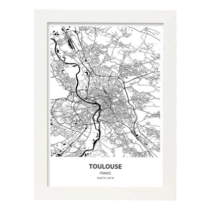 Poster con mapa de Toulouse - Francia. Láminas de ciudades de Francia con mares y ríos en color negro.-Artwork-Nacnic-A4-Marco Blanco-Nacnic Estudio SL