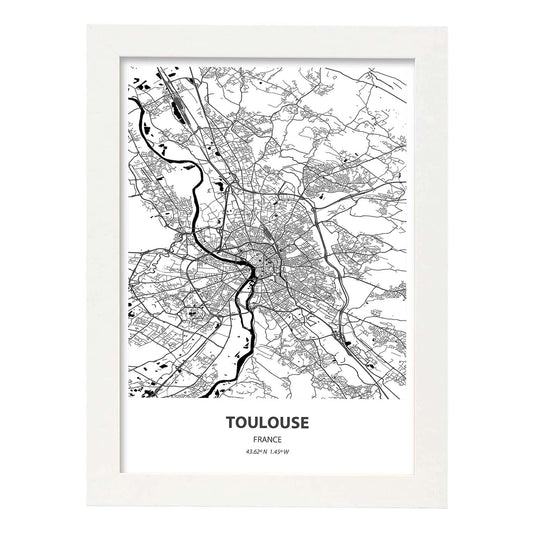 Poster con mapa de Toulouse - Francia. Láminas de ciudades de Francia con mares y ríos en color negro.-Artwork-Nacnic-A4-Marco Blanco-Nacnic Estudio SL