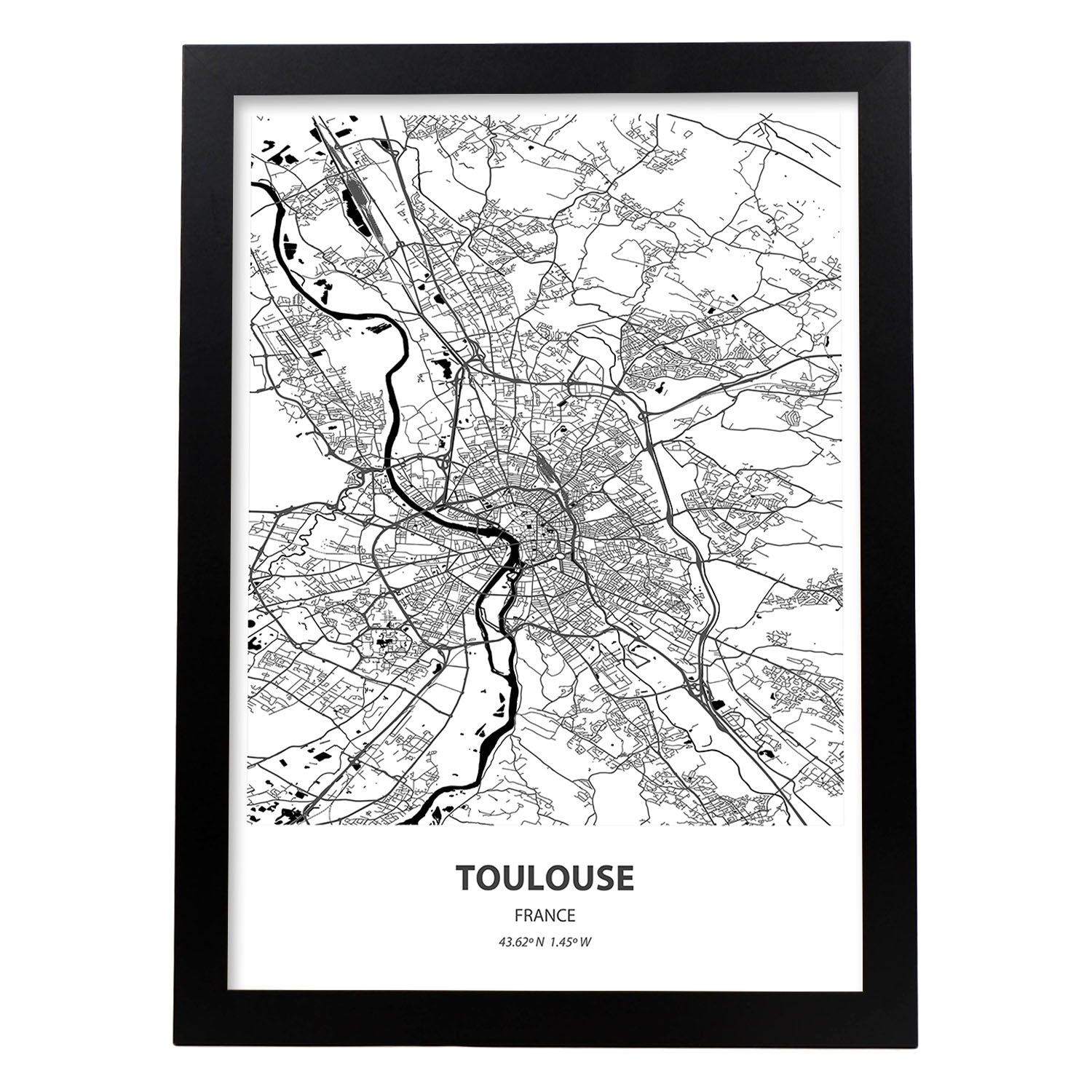 Poster con mapa de Toulouse - Francia. Láminas de ciudades de Francia con mares y ríos en color negro.-Artwork-Nacnic-A4-Marco Negro-Nacnic Estudio SL