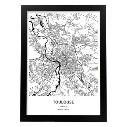 Poster con mapa de Toulouse - Francia. Láminas de ciudades de Francia con mares y ríos en color negro.-Artwork-Nacnic-A4-Marco Negro-Nacnic Estudio SL