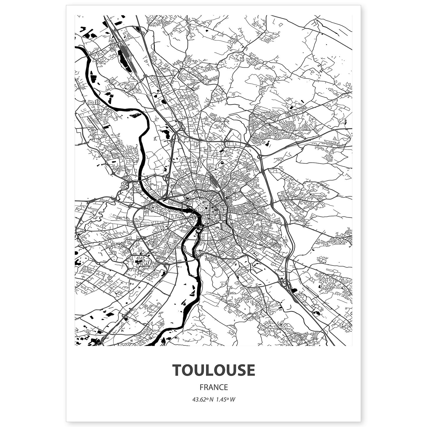 Poster con mapa de Toulouse - Francia. Láminas de ciudades de Francia con mares y ríos en color negro.-Artwork-Nacnic-A4-Sin marco-Nacnic Estudio SL