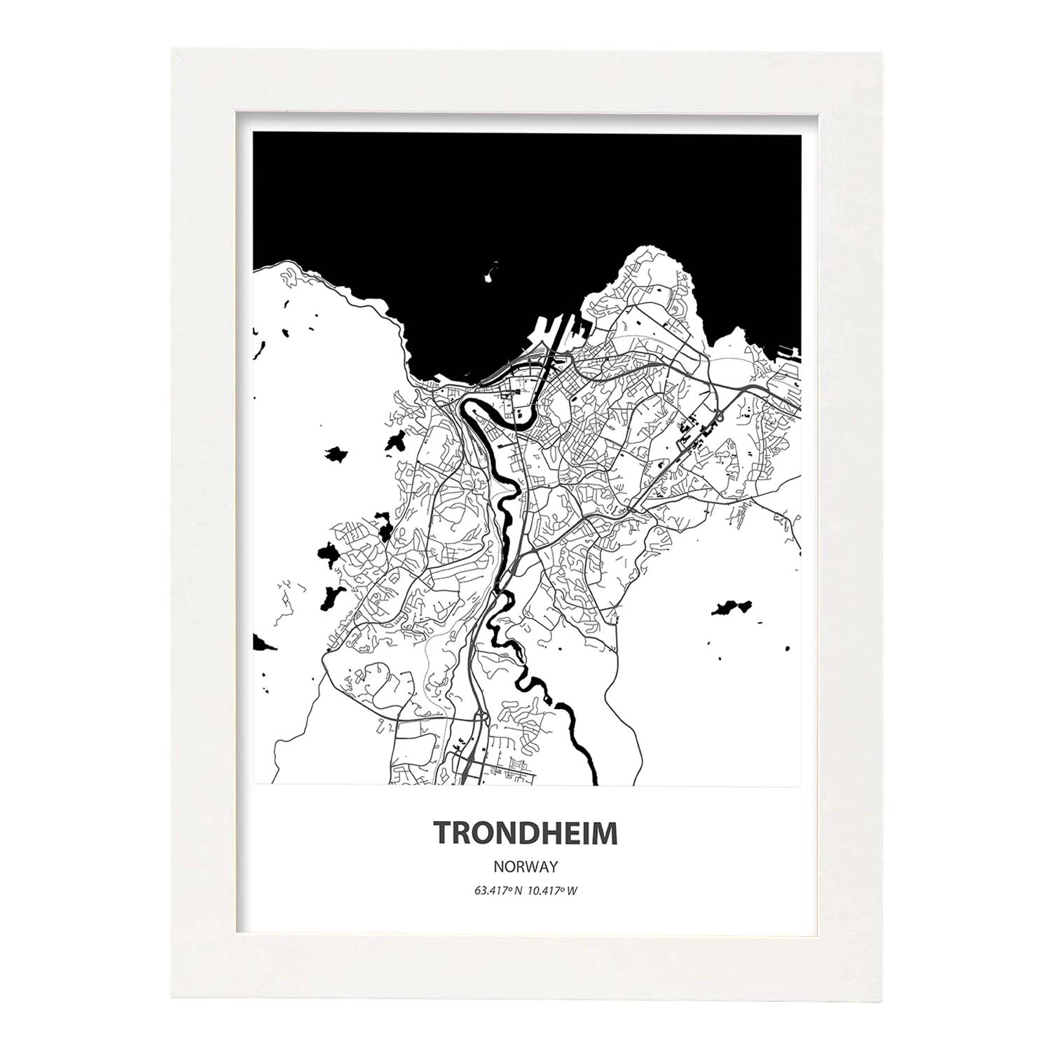 Poster con mapa de Trondheim - Noruega. Láminas de ciudades del norte de Europa con mares y ríos en color negro.-Artwork-Nacnic-A3-Marco Blanco-Nacnic Estudio SL