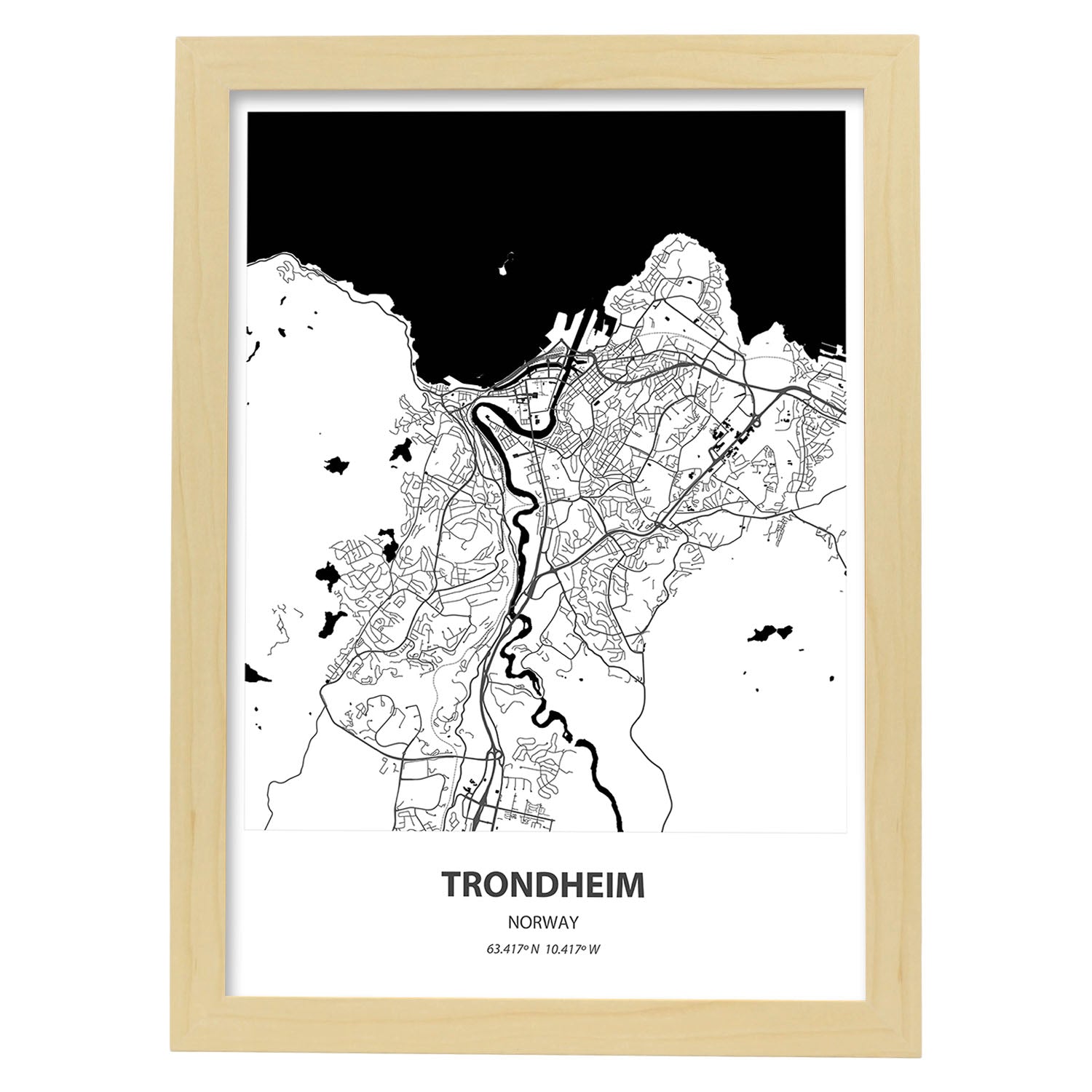 Poster con mapa de Trondheim - Noruega. Láminas de ciudades del norte de Europa con mares y ríos en color negro.-Artwork-Nacnic-A3-Marco Madera clara-Nacnic Estudio SL