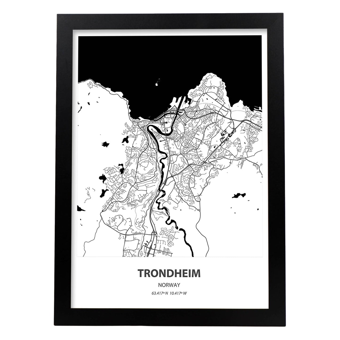 Poster con mapa de Trondheim - Noruega. Láminas de ciudades del norte de Europa con mares y ríos en color negro.-Artwork-Nacnic-A3-Marco Negro-Nacnic Estudio SL