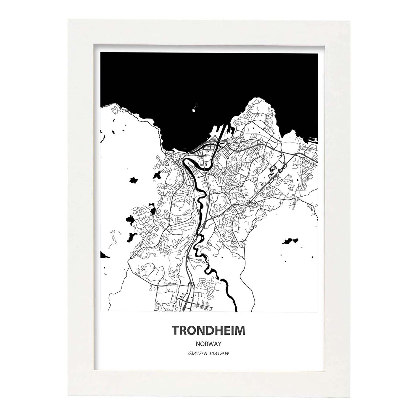 Poster con mapa de Trondheim - Noruega. Láminas de ciudades del norte de Europa con mares y ríos en color negro.-Artwork-Nacnic-A4-Marco Blanco-Nacnic Estudio SL