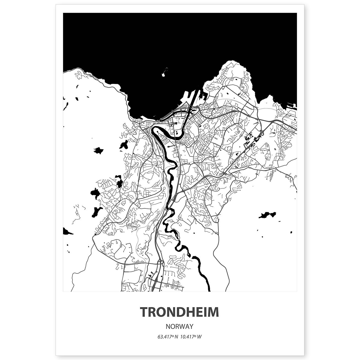 Poster con mapa de Trondheim - Noruega. Láminas de ciudades del norte de Europa con mares y ríos en color negro.-Artwork-Nacnic-A4-Sin marco-Nacnic Estudio SL
