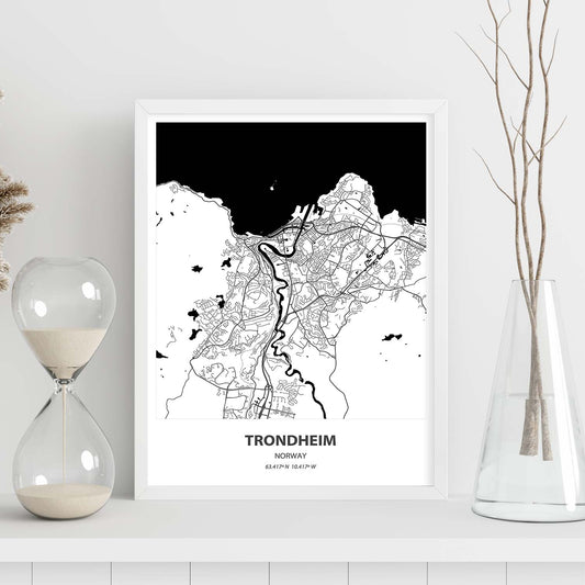 Poster con mapa de Trondheim - Noruega. Láminas de ciudades del norte de Europa con mares y ríos en color negro.-Artwork-Nacnic-Nacnic Estudio SL