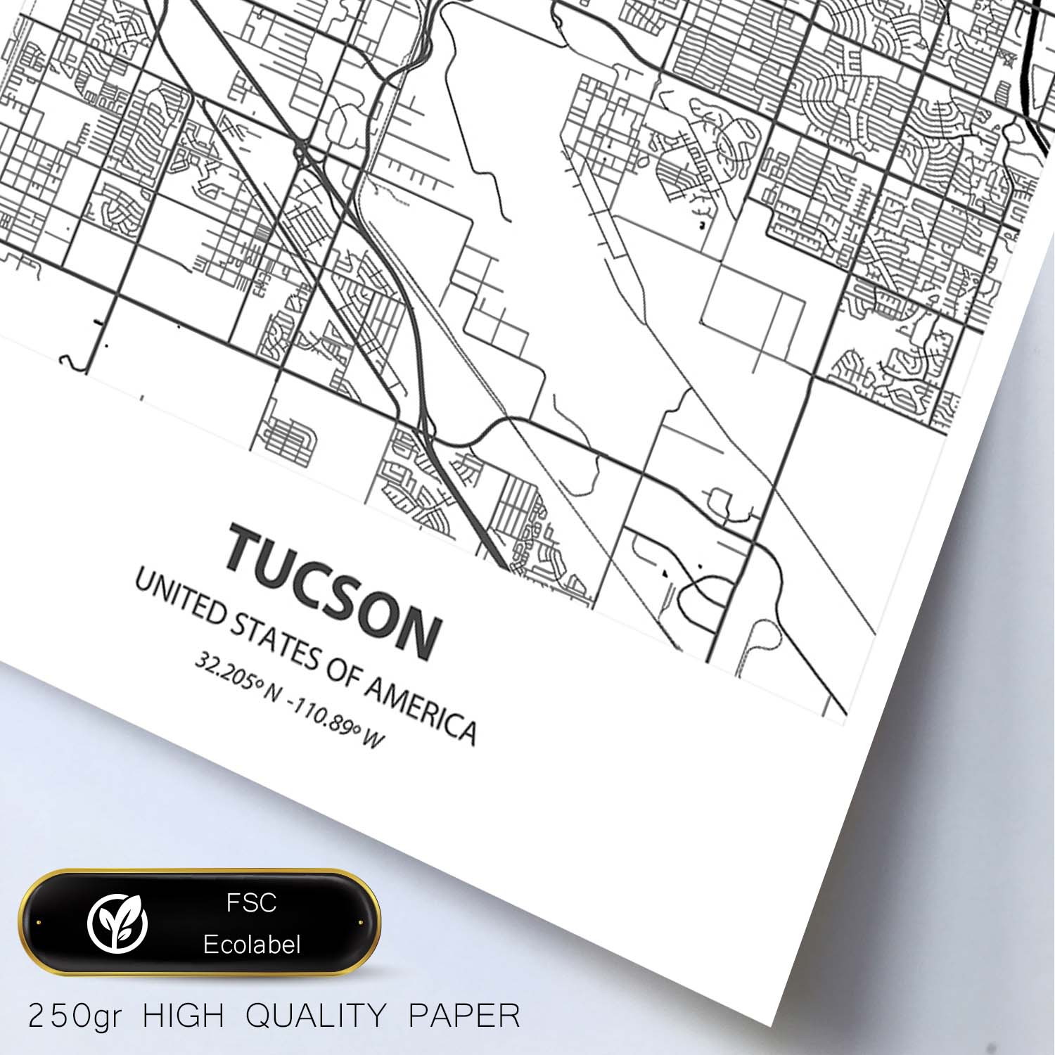 Poster con mapa de Tucson - USA. Láminas de ciudades de Estados Unidos con mares y ríos en color negro.-Artwork-Nacnic-Nacnic Estudio SL