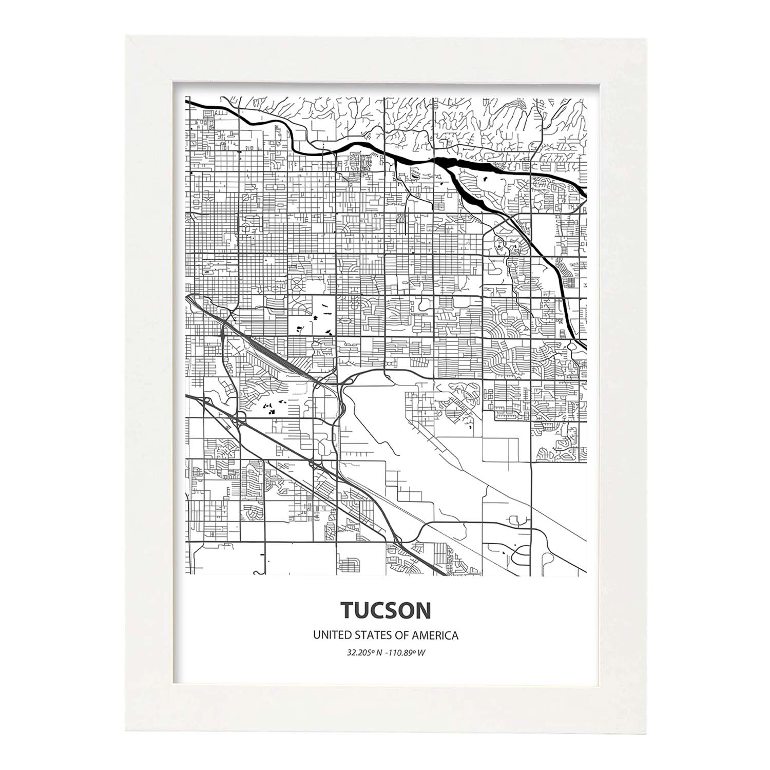 Poster con mapa de Tucson - USA. Láminas de ciudades de Estados Unidos con mares y ríos en color negro.-Artwork-Nacnic-A3-Marco Blanco-Nacnic Estudio SL
