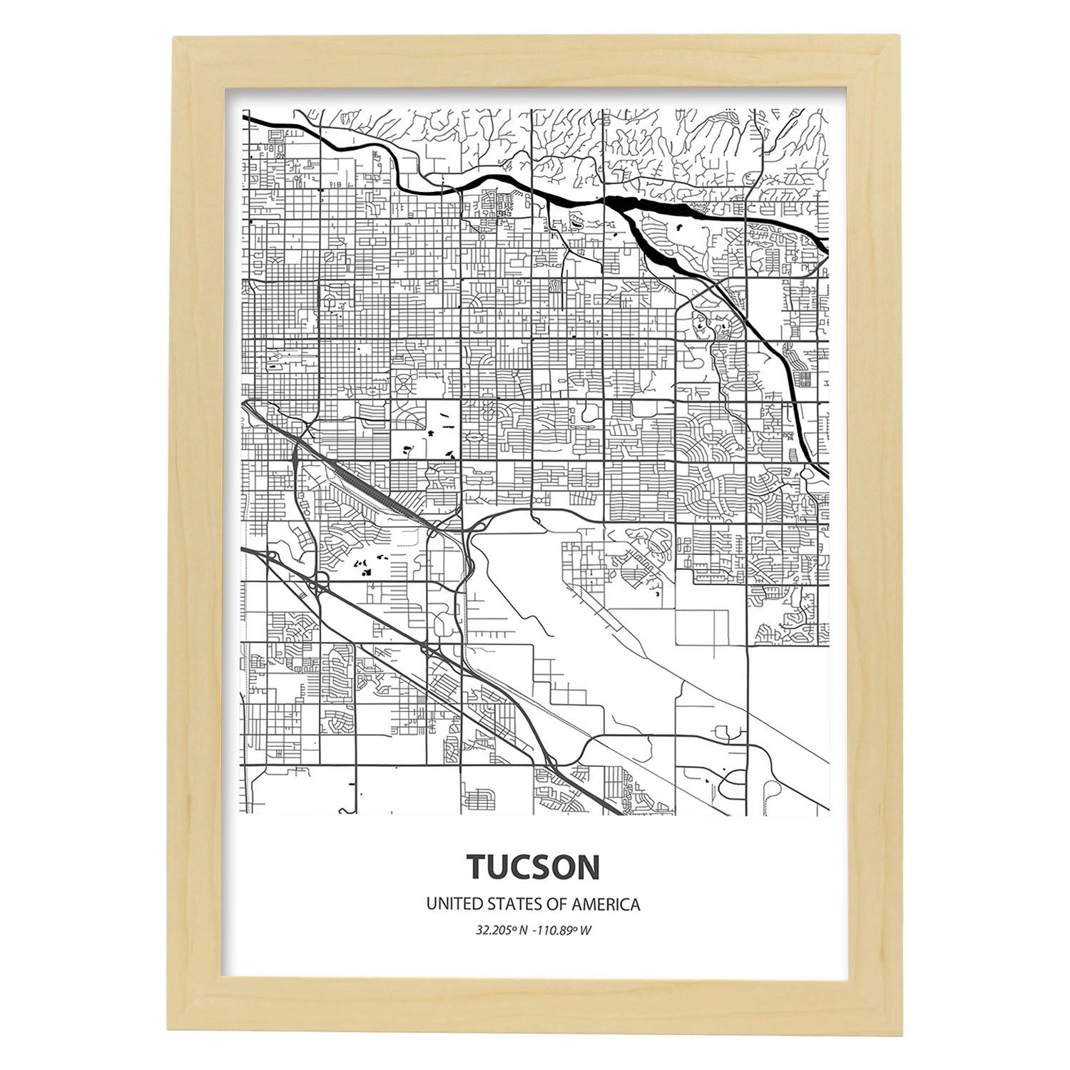 Poster con mapa de Tucson - USA. Láminas de ciudades de Estados Unidos con mares y ríos en color negro.-Artwork-Nacnic-A3-Marco Madera clara-Nacnic Estudio SL
