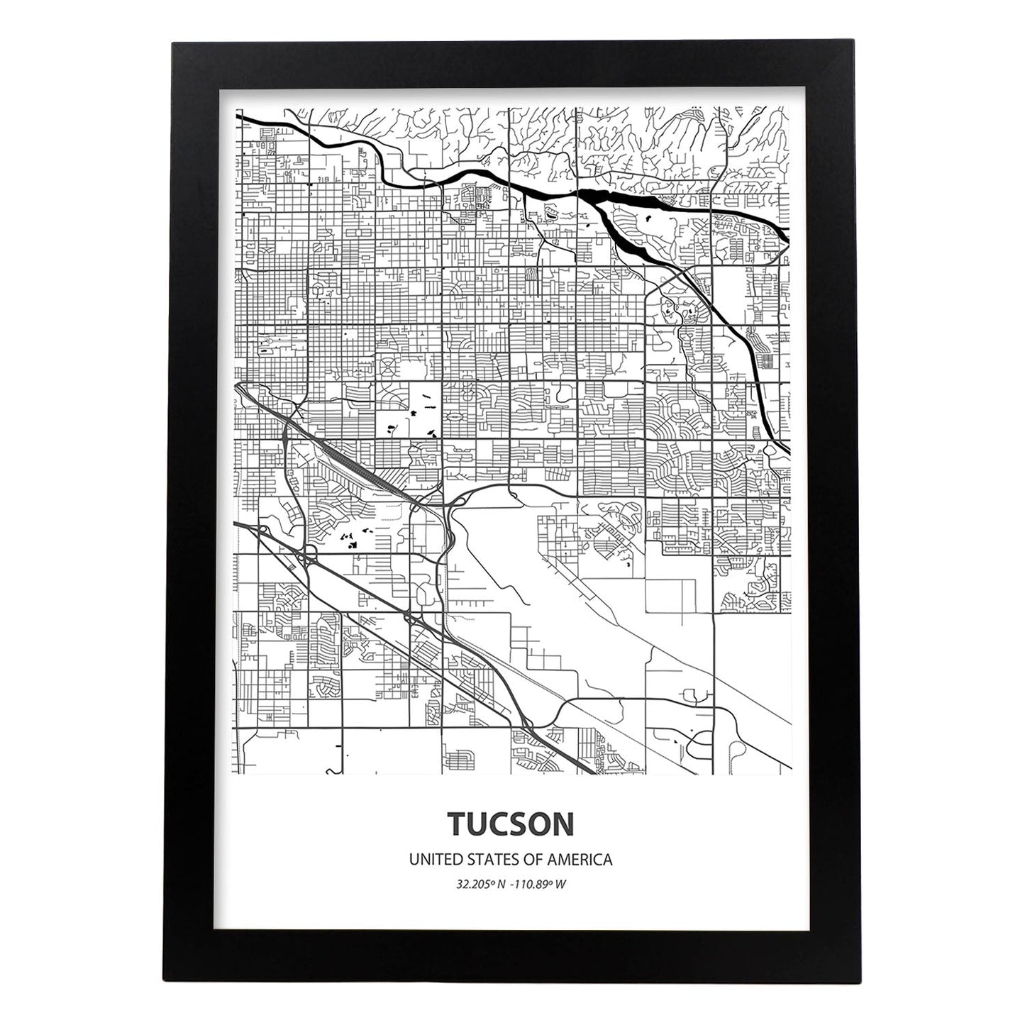 Poster con mapa de Tucson - USA. Láminas de ciudades de Estados Unidos con mares y ríos en color negro.-Artwork-Nacnic-A3-Marco Negro-Nacnic Estudio SL