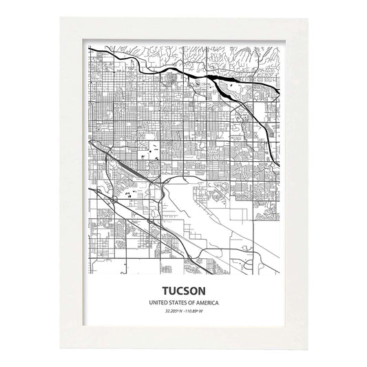 Poster con mapa de Tucson - USA. Láminas de ciudades de Estados Unidos con mares y ríos en color negro.-Artwork-Nacnic-A4-Marco Blanco-Nacnic Estudio SL