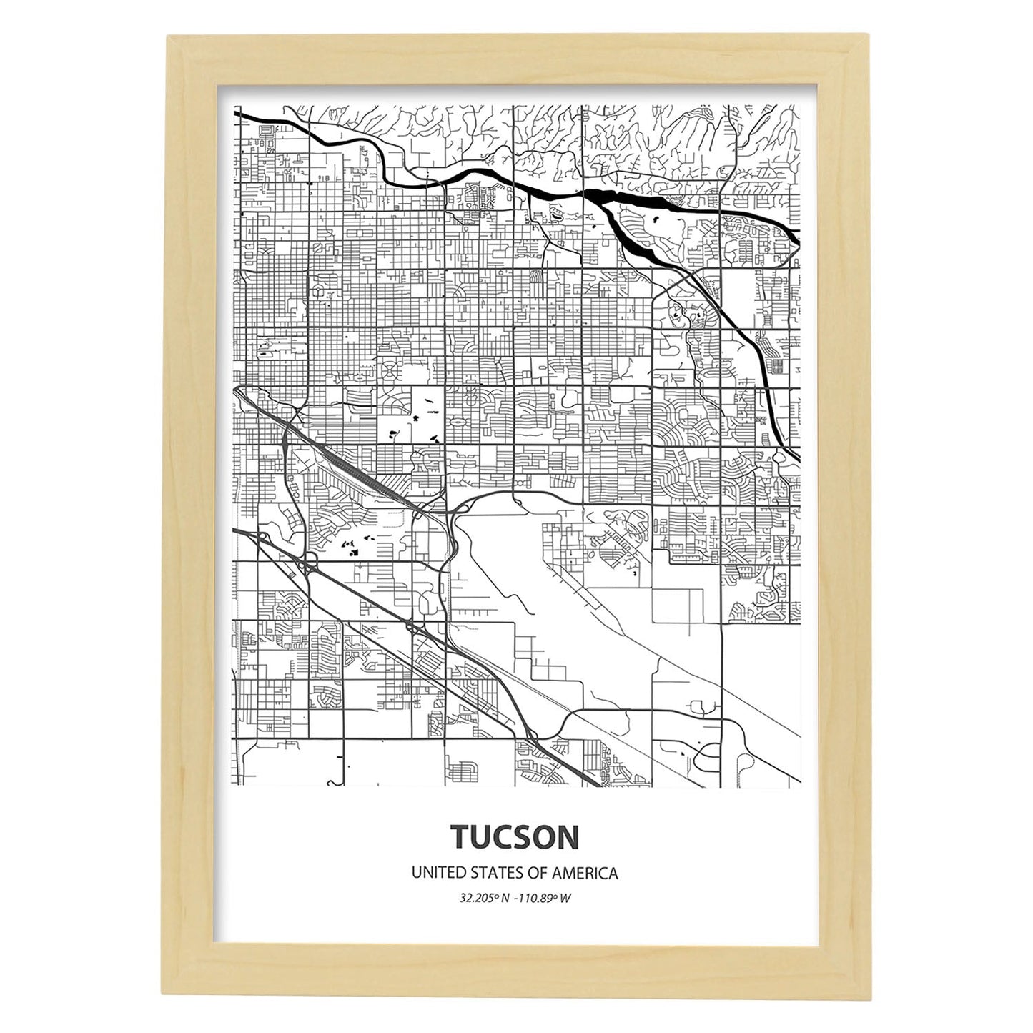 Poster con mapa de Tucson - USA. Láminas de ciudades de Estados Unidos con mares y ríos en color negro.-Artwork-Nacnic-A4-Marco Madera clara-Nacnic Estudio SL