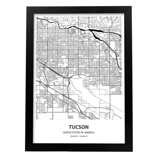 Poster con mapa de Tucson - USA. Láminas de ciudades de Estados Unidos con mares y ríos en color negro.-Artwork-Nacnic-A4-Marco Negro-Nacnic Estudio SL