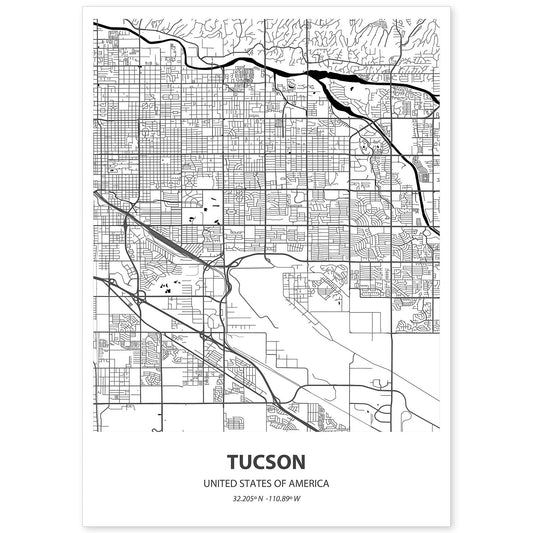 Poster con mapa de Tucson - USA. Láminas de ciudades de Estados Unidos con mares y ríos en color negro.-Artwork-Nacnic-A4-Sin marco-Nacnic Estudio SL