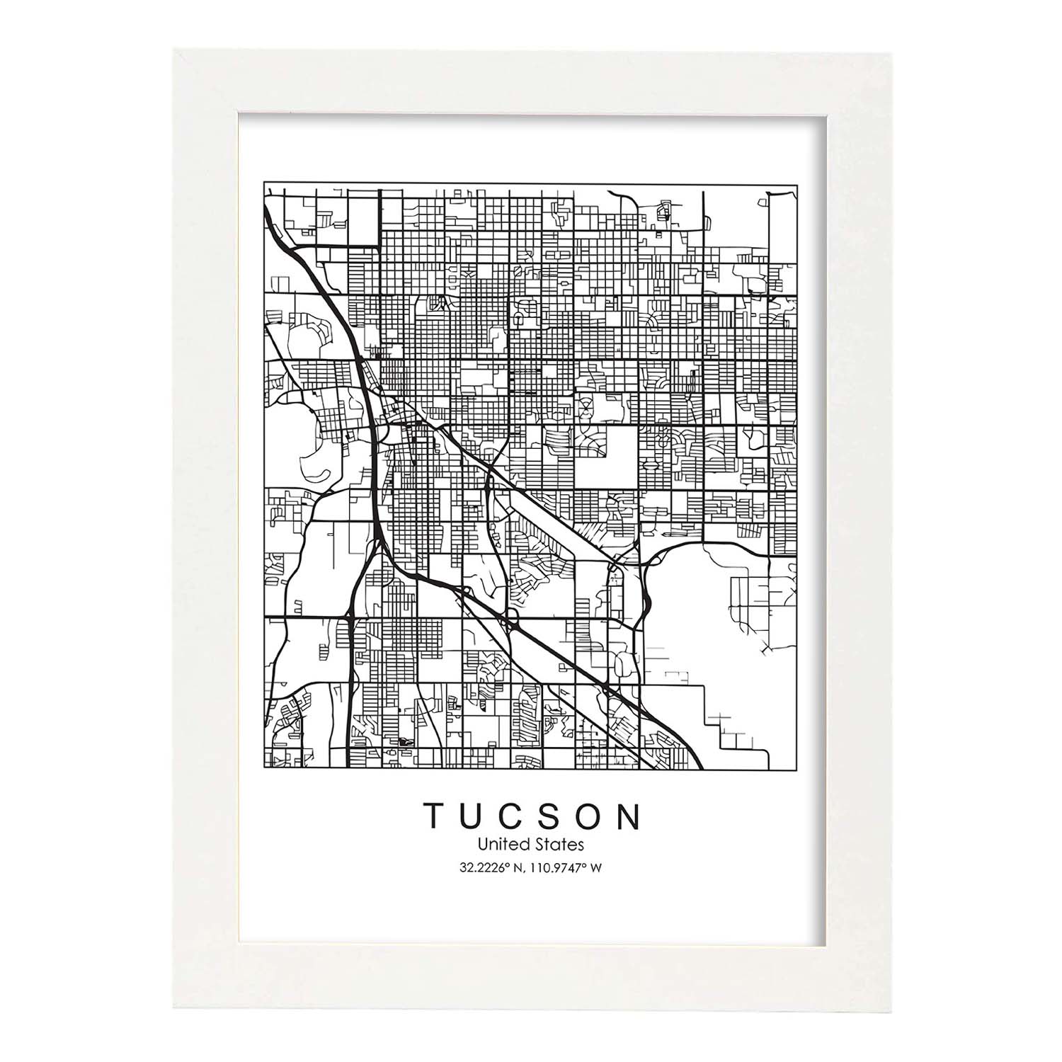 Poster con mapa de Tucson. Lámina de Estados Unidos, con imágenes de mapas y carreteras-Artwork-Nacnic-A3-Marco Blanco-Nacnic Estudio SL