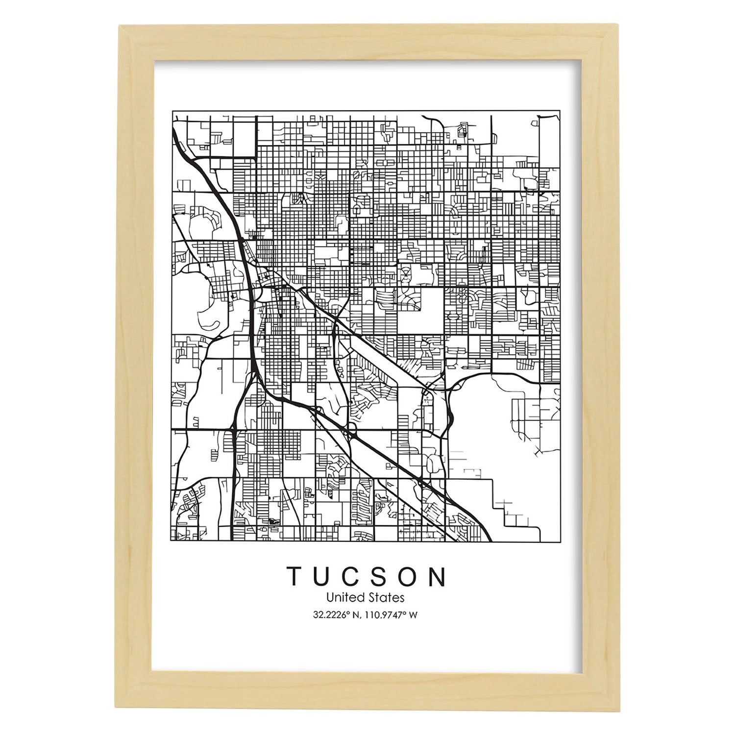 Poster con mapa de Tucson. Lámina de Estados Unidos, con imágenes de mapas y carreteras-Artwork-Nacnic-A3-Marco Madera clara-Nacnic Estudio SL